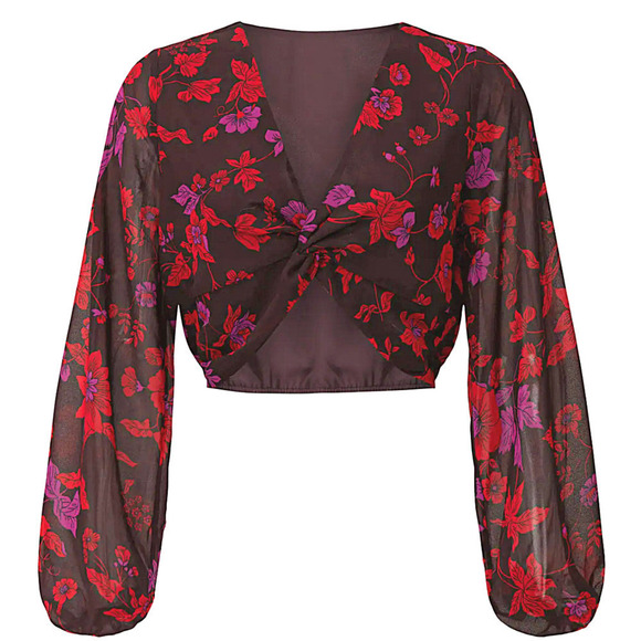 Sanctuary NWT Y2K Twist-Front Long Sleeve Chiffon Floral Print Crop Top Medium - Picture 12 of 13